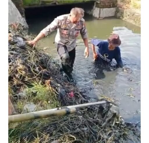 Polsek Kedokan Bunder Bersama Warga Bersihkan Saluran Irigasi Pasca Banjir