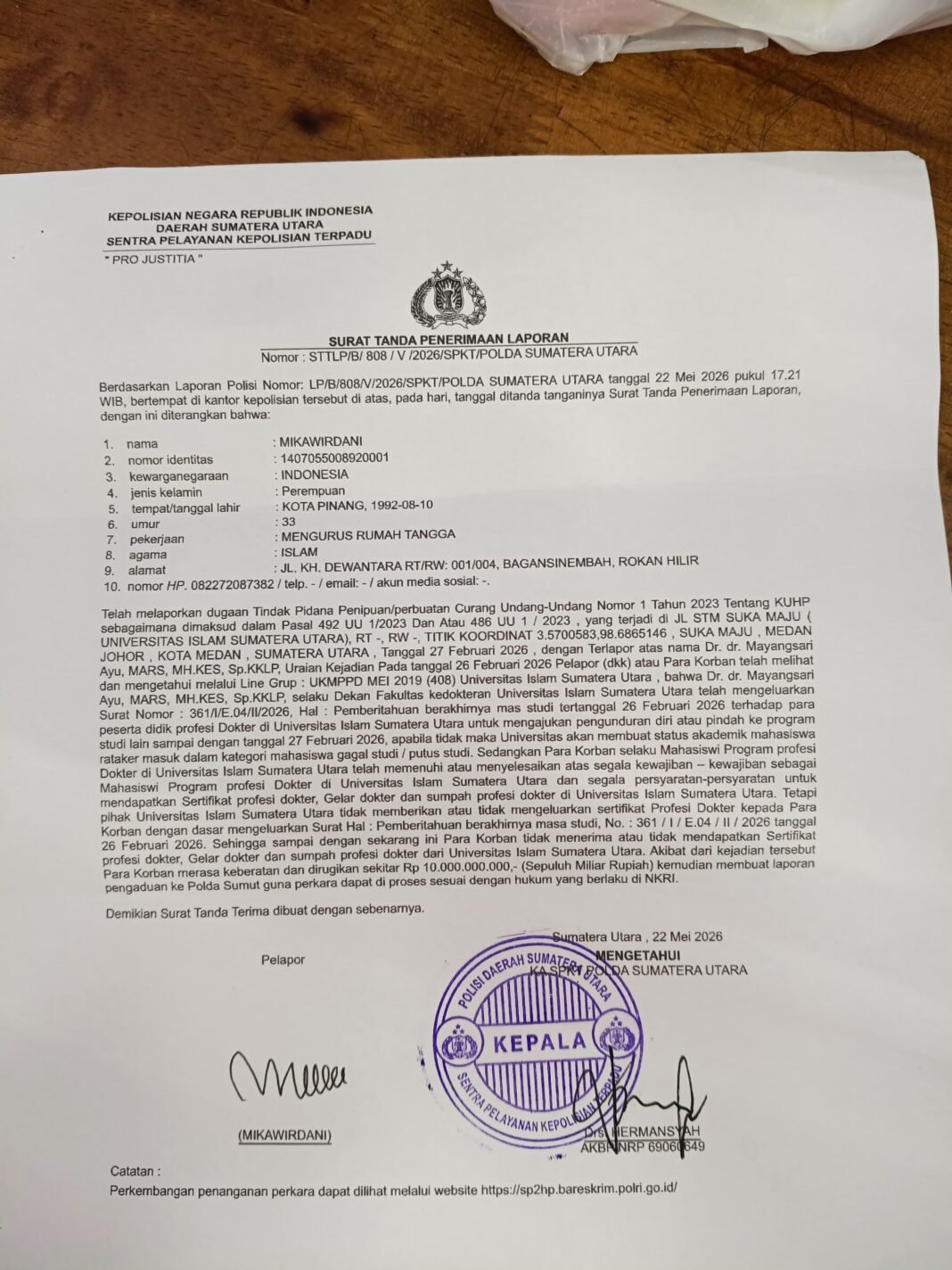 Dokter Muda UISU Laporkan Dekan ke Polda Sumut
